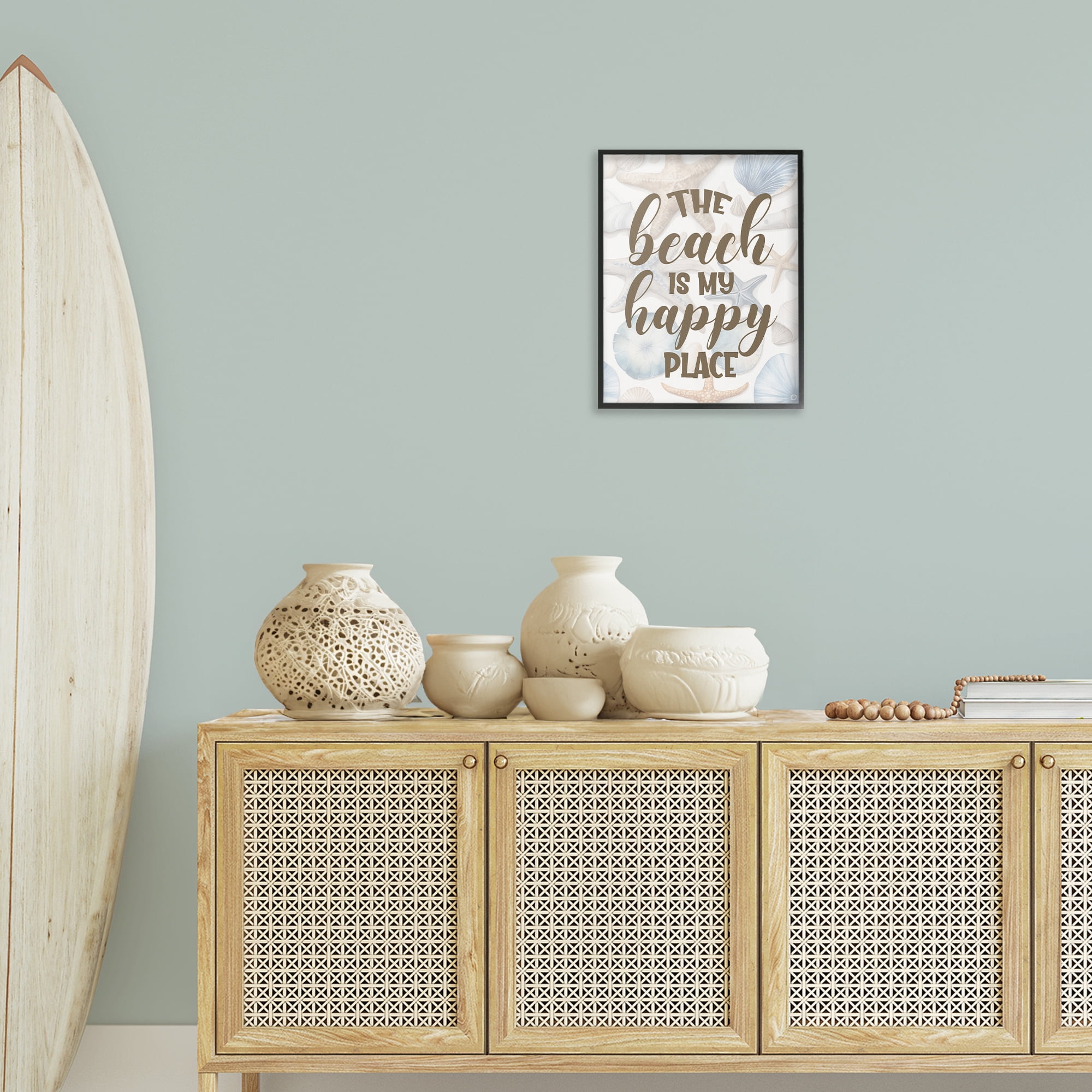 Stupell Industries Beach Happy Place Typography Painting Black Framed Art Print Wall Art, 16 x 20