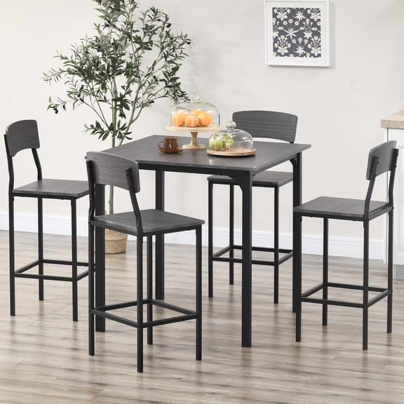 HOMCOM Industrial Counter Height Bar Table Set for 4, Square Kitchen Table and 4 Chairs with Footrest, Metal Legs, Breakfast Table Set for 4, Gray