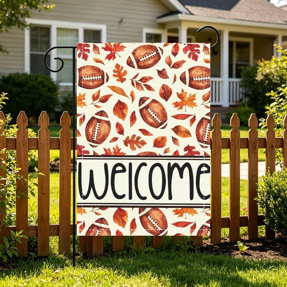1PC Fall Leaf American Football Welcome Garden Flag, Double Sided 2D Printed, Yard Holiday Decor, Christmas Thanksgiving Gift, No Flagpole