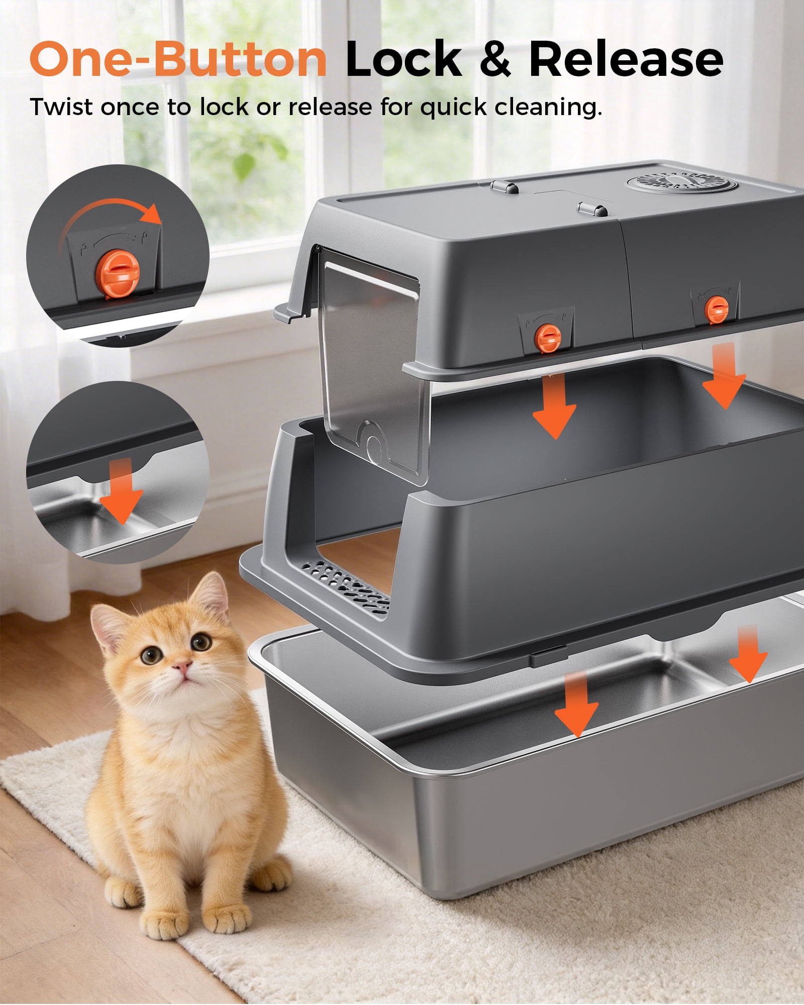 CloudRest Pro Enclosed Stainless Steel Cat Litter Box with Lid, Litter Scoop, Odor-Control Kitty Litter Tray with Scratcher for Small to Medium Cats（with No.2 Cartoon Sticker）