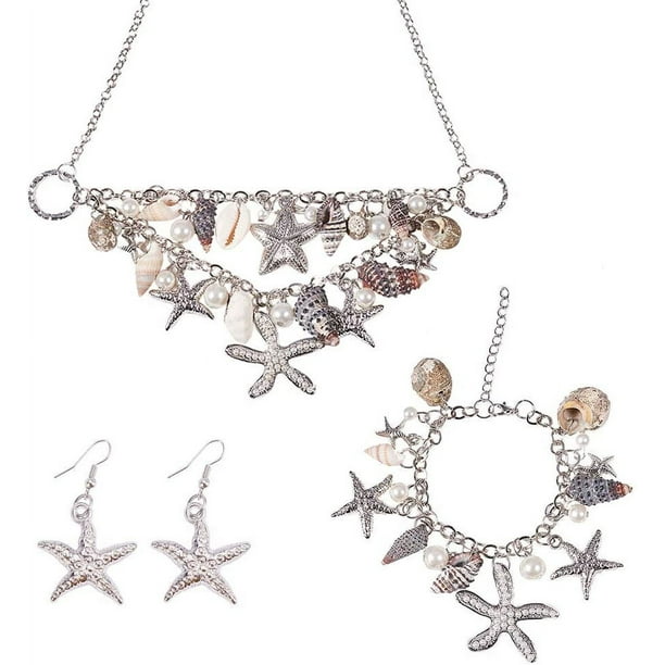 Conjunto de bisutería 3 en 1: collar, pulsera, pendientes de concha, estrella de mar, babero de perla, accesorios de verano