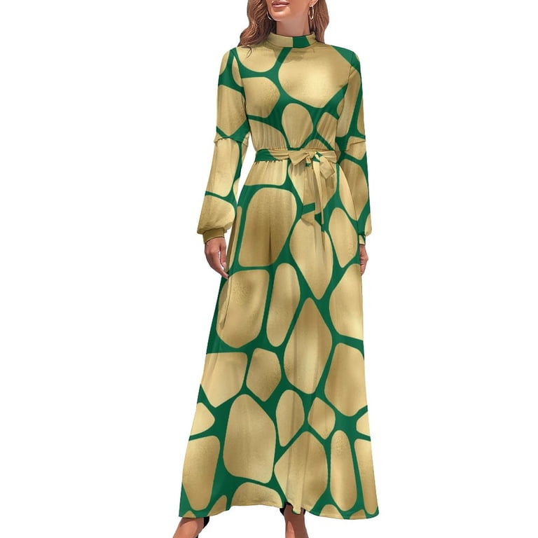 Giraffe Print Dress High Waist Green and Gold Pattern Beach Dresses Long-Sleeve Street Fashion Long Maxi Dress Elegant Clothes Giraffe Print Dress High Waist Green and Gold Pattern Beach Dresses Long-Sleeve Street Fashion Long Maxi Dress Elegant Clothes