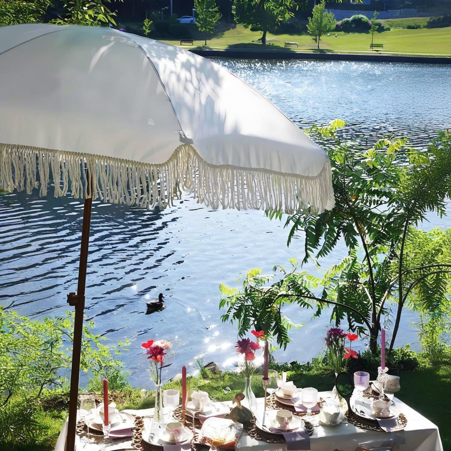 AMMSUN 7ft Fringe Patio Umbrella, Outdoor Table Tassels Umbrella with Push Button Tilt UPF50+ Shade Shelter,Cream White Camping Sun