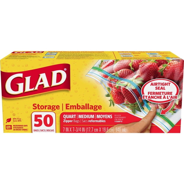 Glad Zipper Food Storage Plastic Bags Packaging may vary Quart, 50