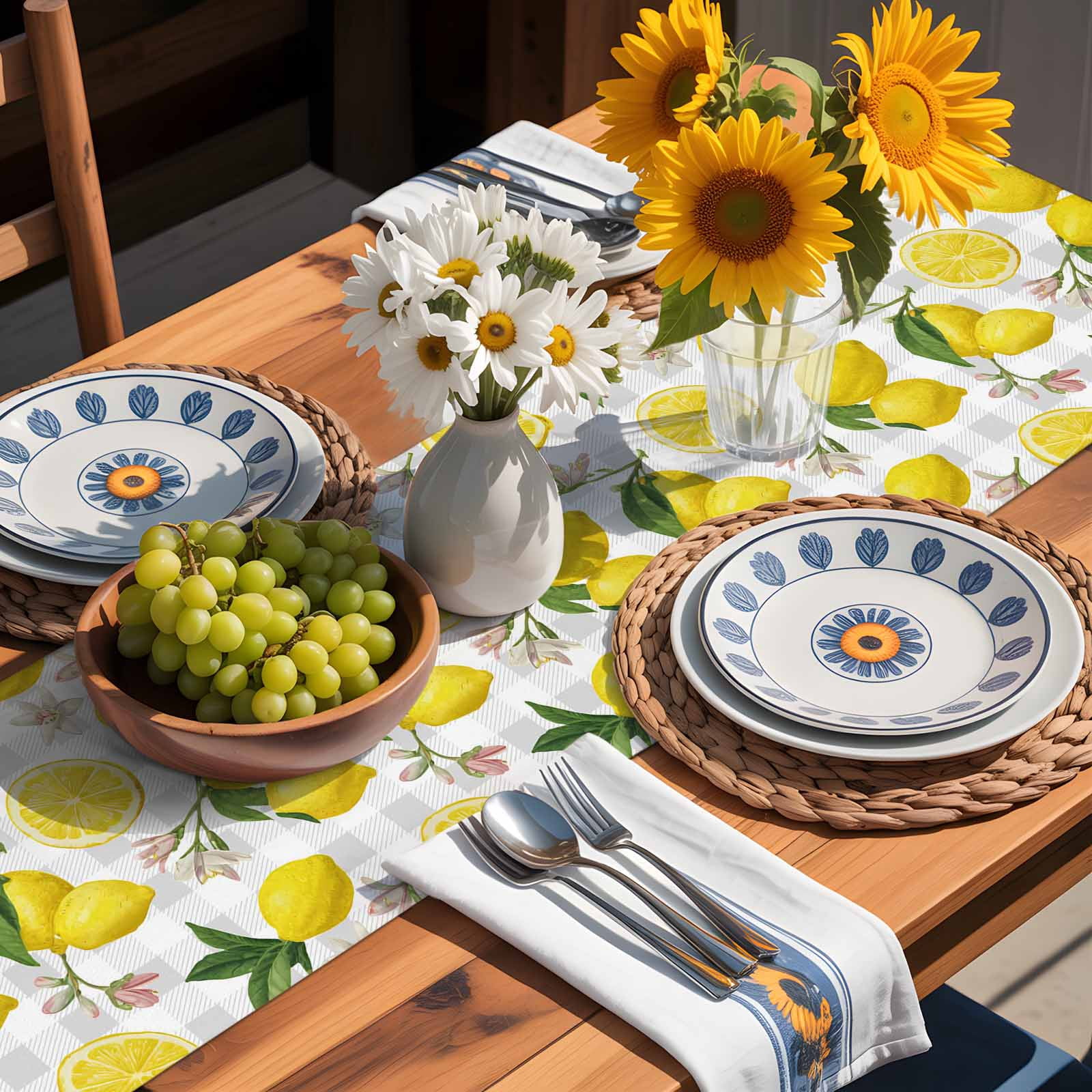 Summer Lemon Flower Leaves Table Runner 90 Inches Long, Grey White Plaid Lattice Table Runners Tabletop Scarf Kitchen Dining Tables Decoration for Home Party Indoor Outdoor
