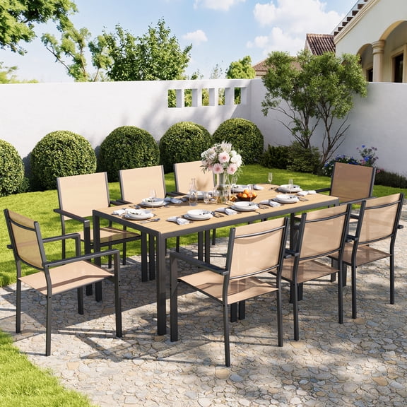 BUPPLEE All-Weather Patio Dining Set with Square Wpc Table & Stackable Textilene Chairs, Iron Frame