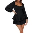 thumbnail image 3 of Vestido con volantes y hombros descubiertos, mameluco con cuello cuadrado y mangas abullonadas para mujer, vestido con vuelo de playa fluido en capas ahumadas, 3 of 5