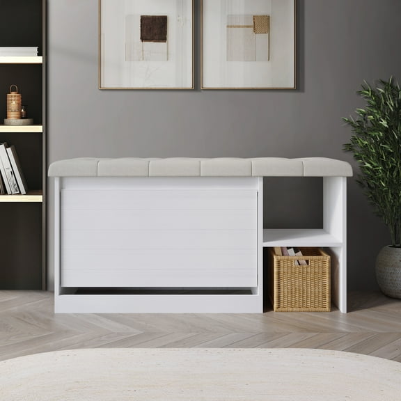 Castle Place Upholstered 41"L x 22" H Bench with Shoe Storage, White