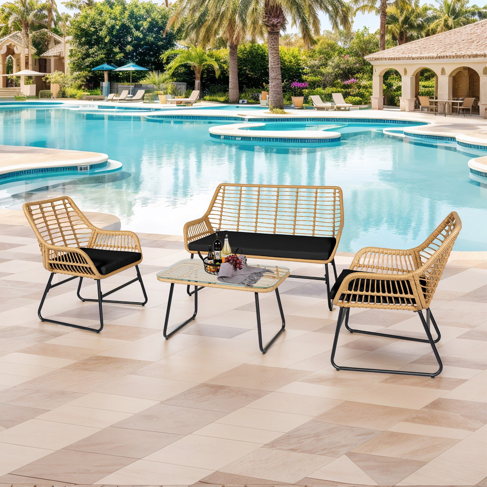 Tappio 4-Piece Rattan Patio Furniture Set, Outdoor Wicker Conversation Set with Tempered Glass Table, Black
