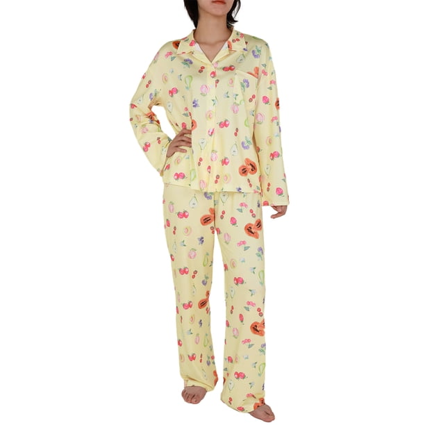 Soft Pjs Set Nuevos Pijamas Estampados Manga Larga Con Aberturas Pantalones Irregulares Trajes Sueltos Wo (M) Amarillo