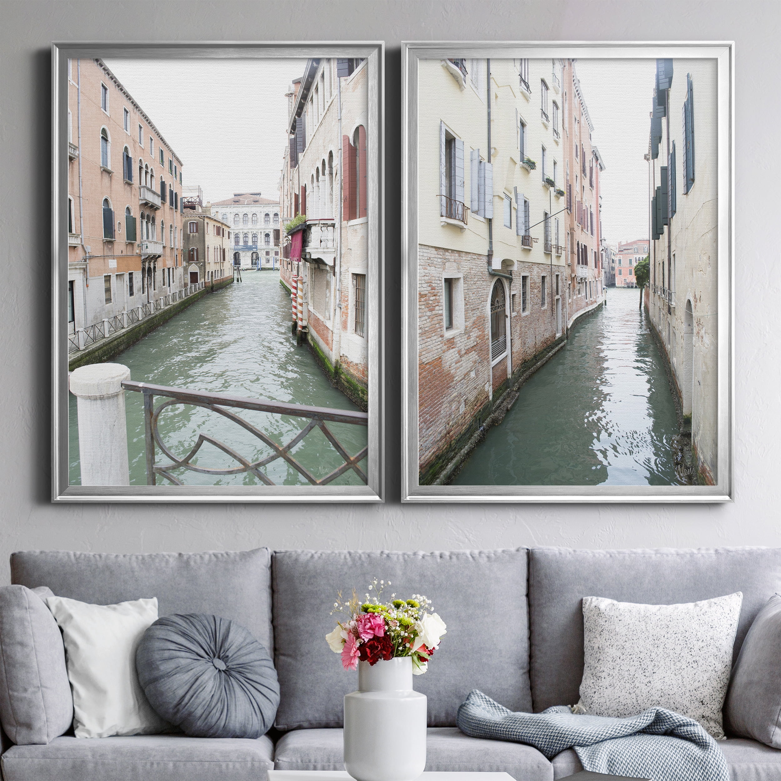 2 Piece Set Venice Canal I Premium Framed Canvas - Ready to Hang - 26.5 x 36.5 Each - Silver Frame