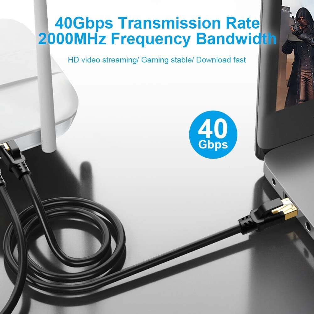 DDMALL CAT8 Ethernet Cable 50ft, High Speed 40Gbps 2000MHz 26AWG CAT8 Cable SFTP LAN Internet Cable with Gold Plated RJ45 Connector for Router, Modem, Gaming, Xbox, PC (50ft/15m, Black)