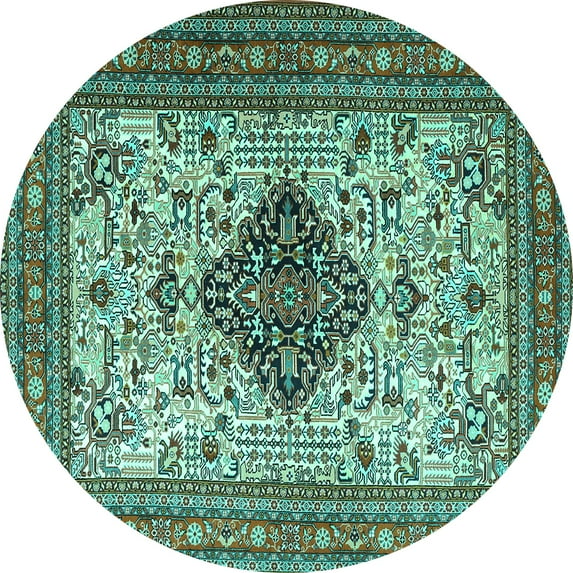 Ahgly Company Machine Washable Indoor Round Persian Turquoise Blue Traditional Area Rugs, 4' Round