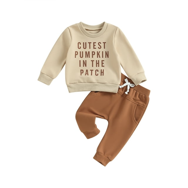 Gupgi Baby Boy Fall Clothes Letter Pumpkin Print Sweatshirt and Elastic Pants 2 Piece Set