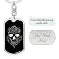 thumbnail image 2 of Calavera Mexican Sugar Skull 83 Stainless Steel or 18k Gold Premium Swivel Dog Tag Keychain, 2 of 16