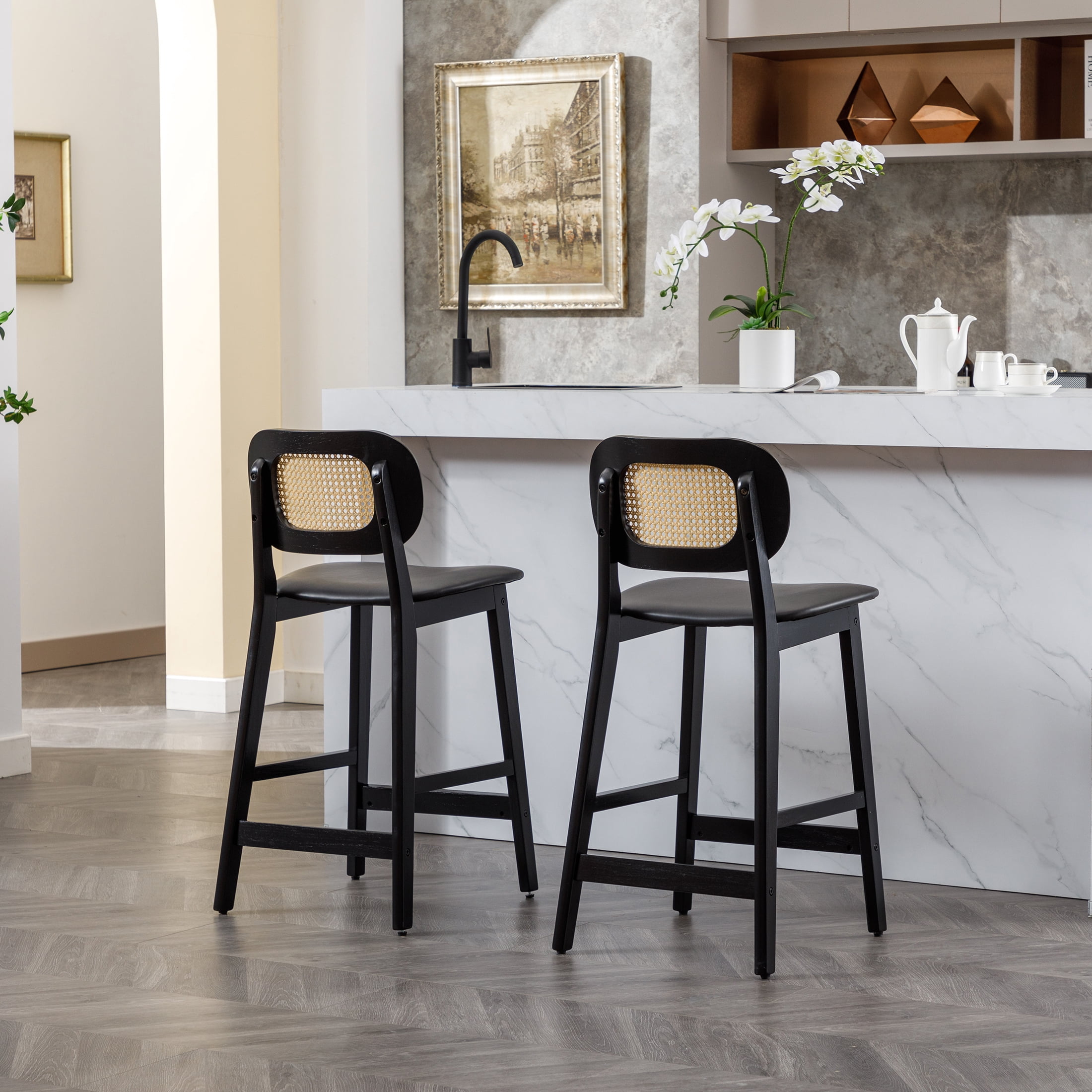 Guyou Rattan Counter Height Bar Stools Set of 2, Mid-Century Modern Wooden Farmhouse Bar Stools, Faux Leather Upholstered Kitchen Island Barstools for Breakfast Bar Bistro, Black