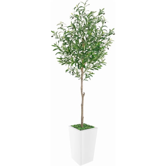 Artificial Olive Tree 7FT, Faux Olive Tree with Tall White Planter, Realistic Leaves & Natural Wood Trunk, Ideal for Home Decor and Housewarming Gift