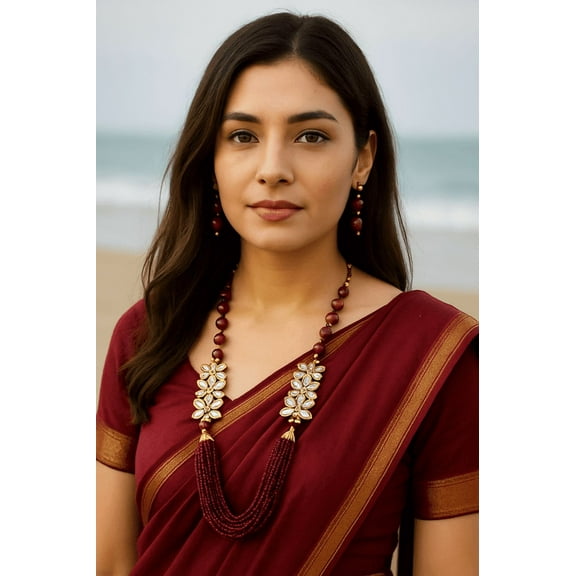 Women's Maroon Beaded Kundan Floral Necklace & Earrings Set – Ethnic Jewelry Ensemble