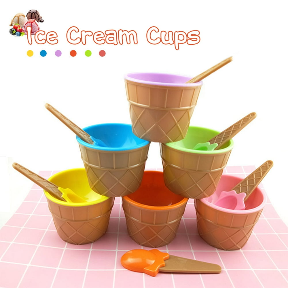 Plastic Ice Cream Cups with Spoons Festive Dessert Bowls Assorted