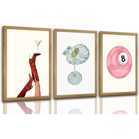 Funky Martini Posters WallSet of 3, Vintage Preppy Aesthetic Canvas Prints, Trendy Pink Number 8 Y2K Girl Room Wall Decor Paintings for Dorm Living Room Dining Room Kitchench