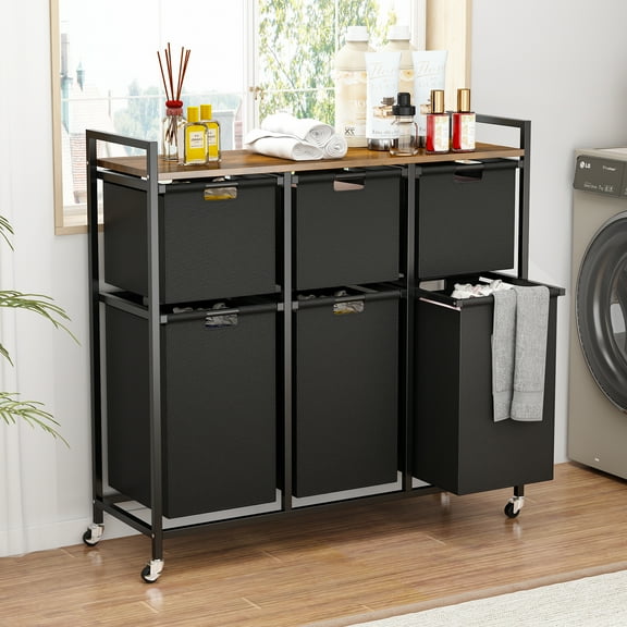 Laundry Basket with Wheels, Rolling Laundry Hamper Organizer with Large Desktop, Laundry Sorter with 6 Pull-Out and Removable Laundry Bags, Metal Frame, Rustic Brown and Black