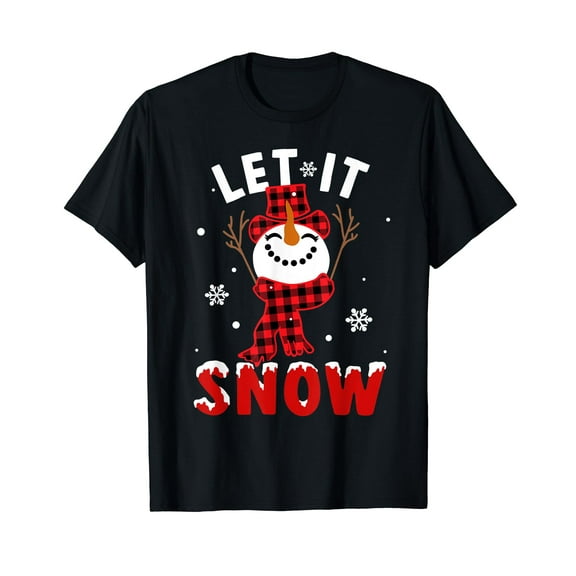 Let It Snow Snowman Christmas Pajama Buffalo Plaid T-Shirt Black Tee