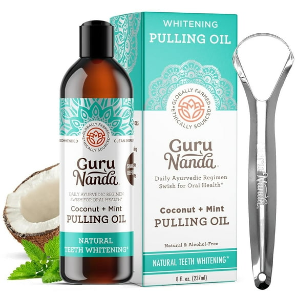 JFBUJC GuruNanda Oil Pulling (8 Fl.Oz) with Coconut & Peppermint Oil with Tongue Scraper Inside the Box