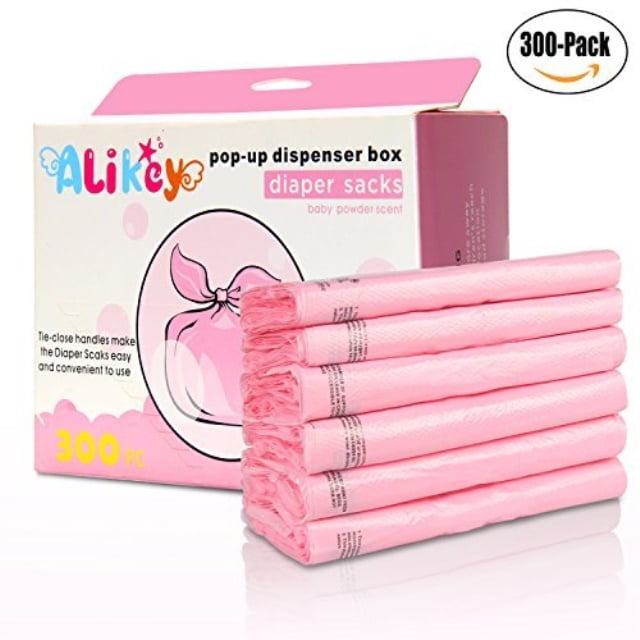 300 count baby disposable diaper sacks bags, diaper bags easy-tie with baby powder scent ...