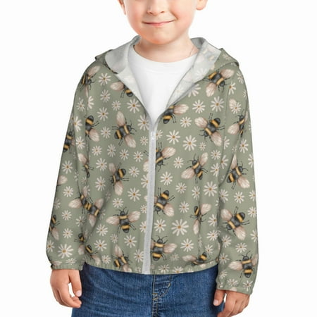 

Qekee Bees And Chamomile Print UPF 50+ Kids Sun-Protective Hooded Long Sleeve Rash Guard for Fishing Water Beach Sports -4 Years