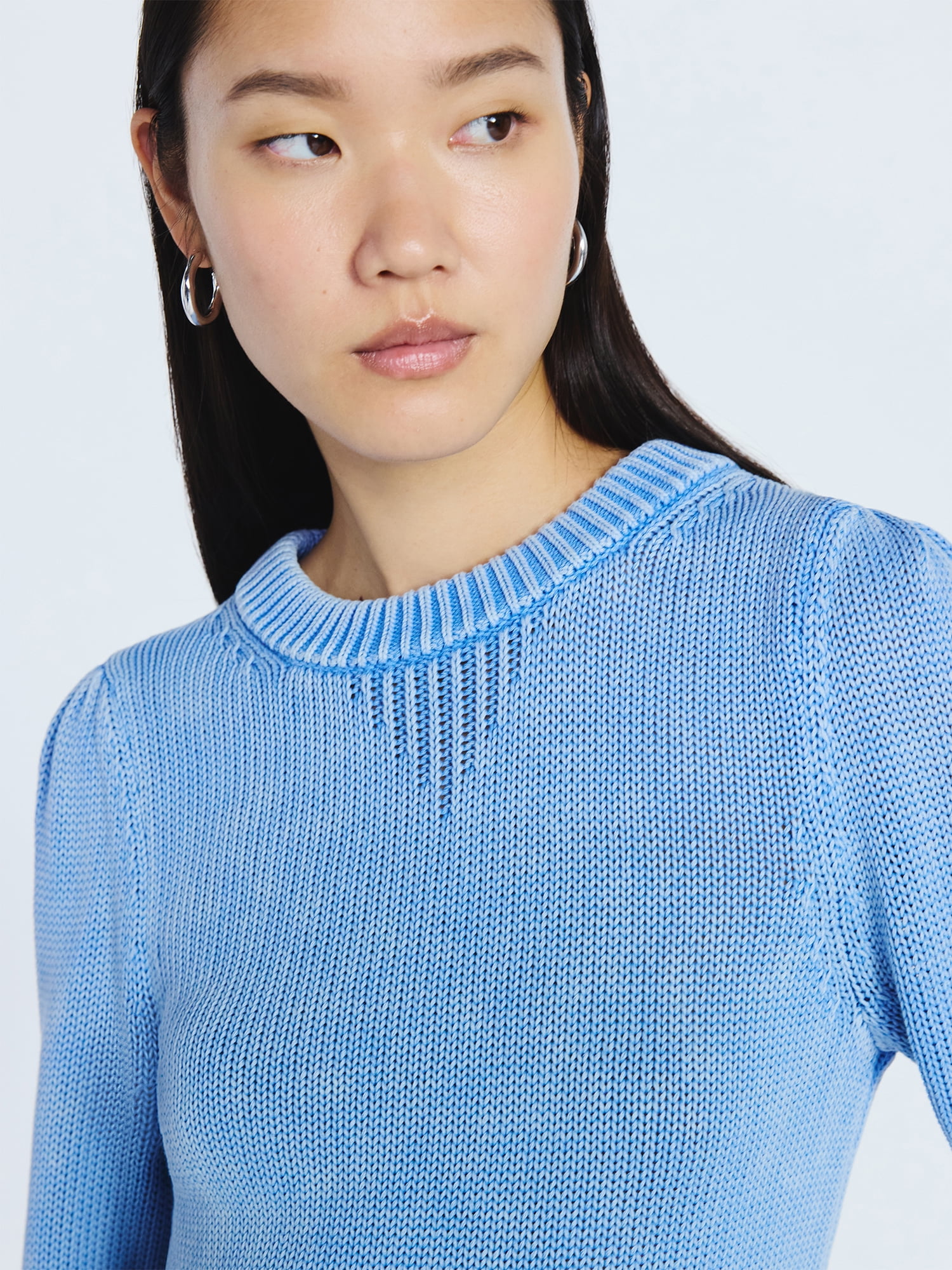 Scoop Women’s Acid Wash Cotton Sweater with Long Puff Sleeves, Midweight, Sizes XS-XXL