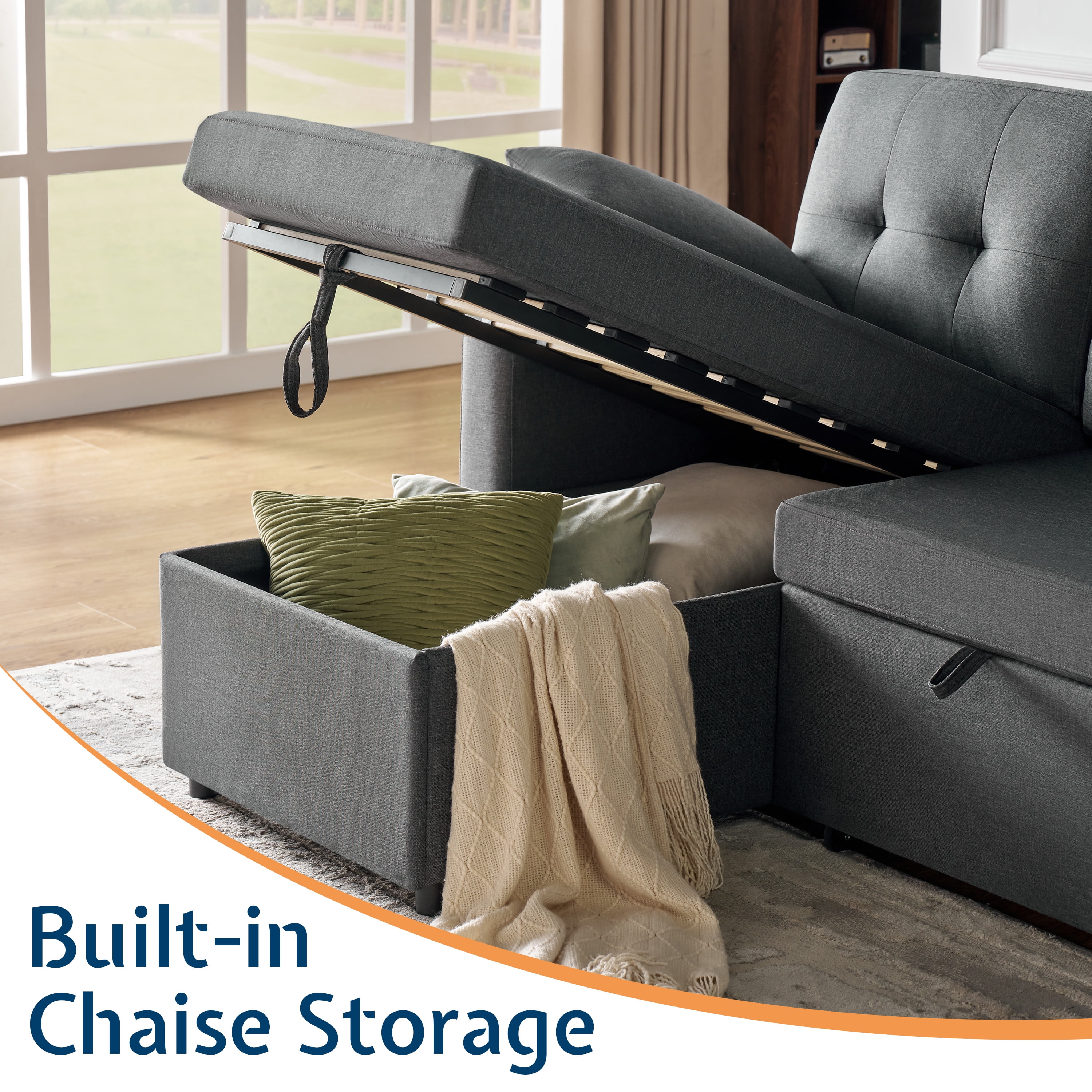 MERLUXY 84" Sofa Bed, Reversible Pull Out Couch with Storage Chaise for living Room, 3 Seater, Gray
