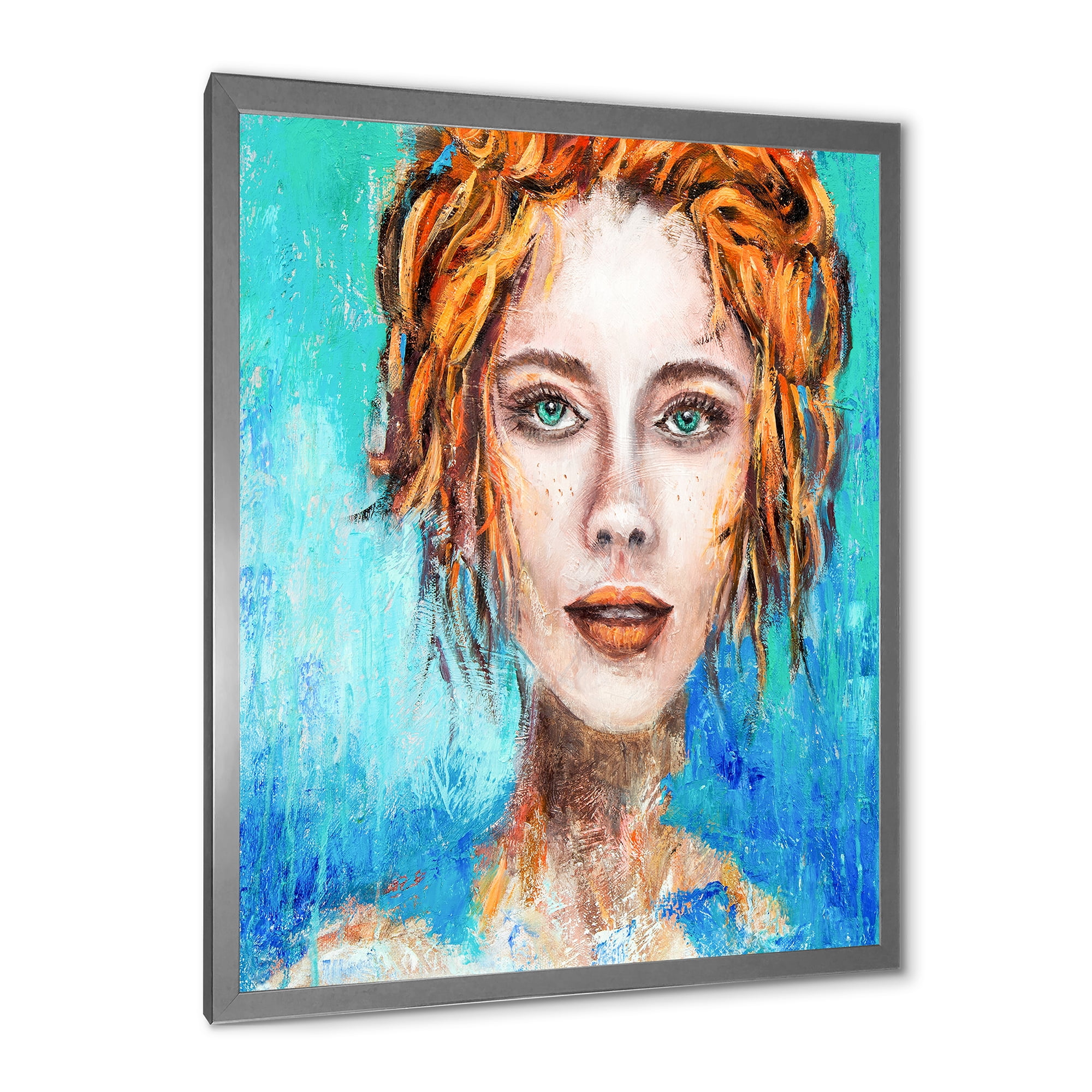 Designart 'A Woman Face With Red Hair And Green Eyes' Modern Framed Art Print