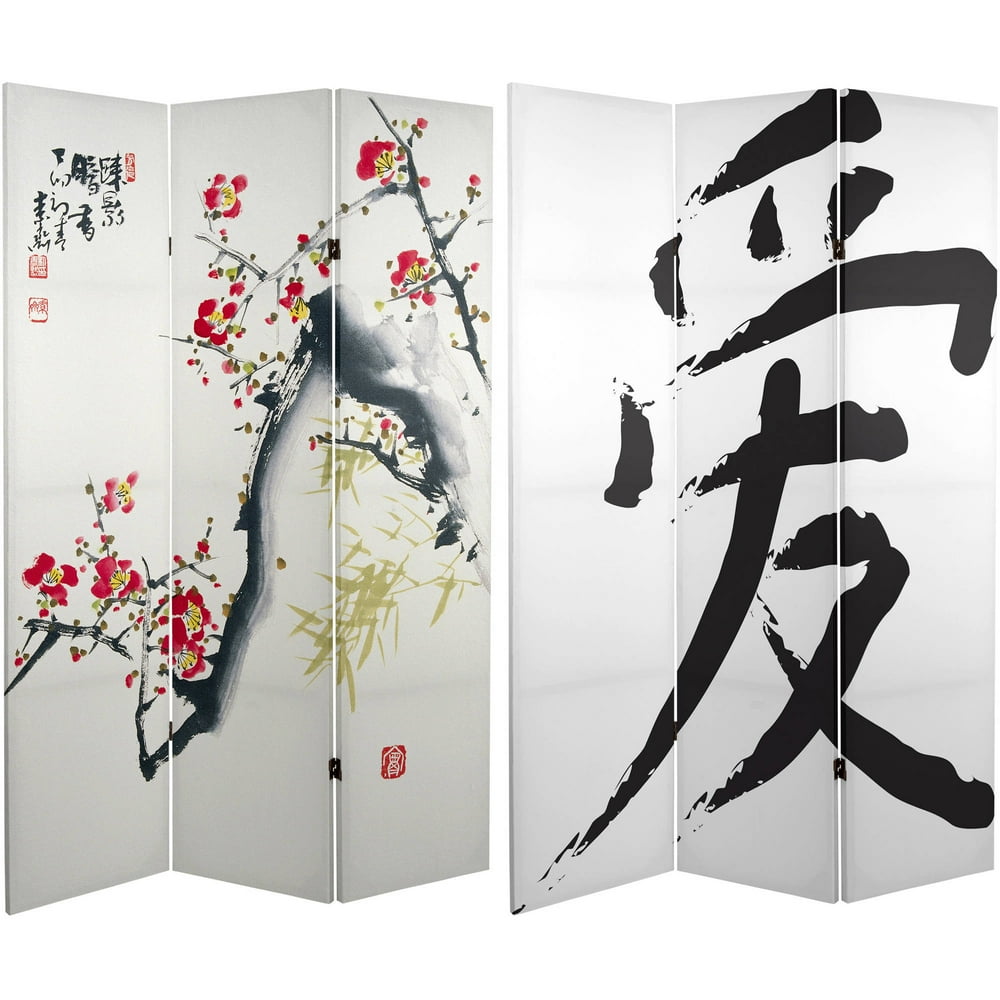 Oriental Furniture 6 Ft Tall Double Sided Cherry Blossoms and Love Canvas Room Divider, Asian, 3