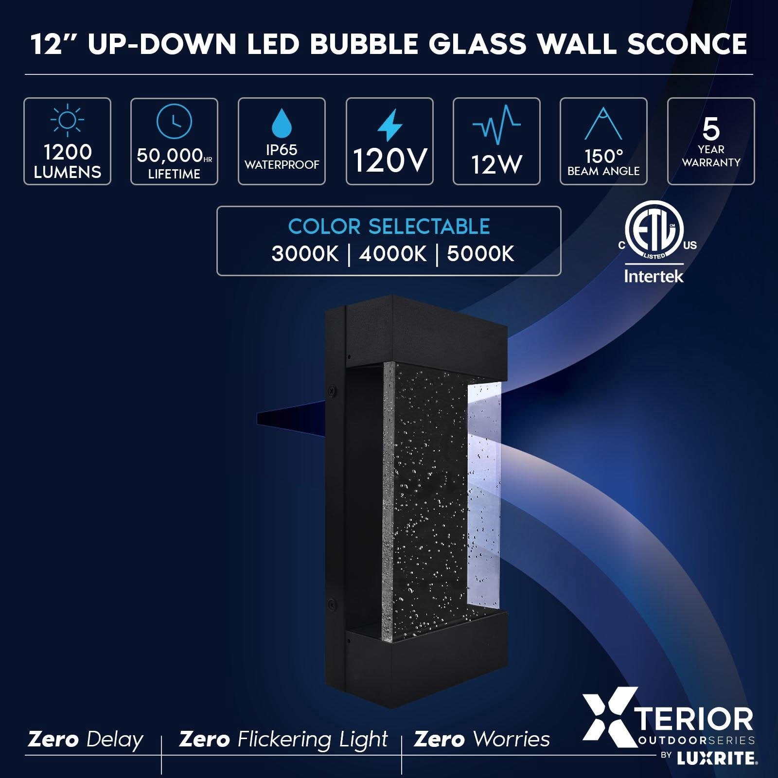 Luxrite LED Up Down Outdoor Wall Lights, Bubble Glass, 3CCT 3000K-5000K, IP65, 12", Aluminum