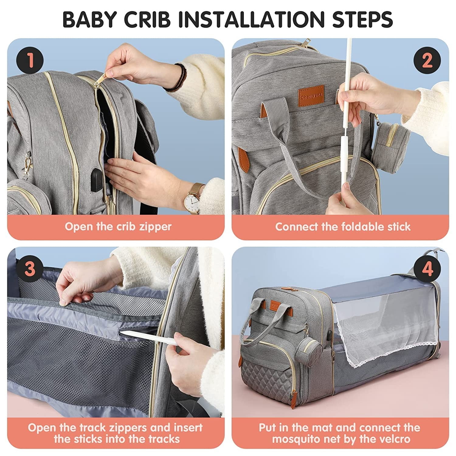 RsenFremior 3 in 1 Diaper Bag Backpack, Foldable Baby Bed Waterproof Travel Bag with USB Charge& Insulated Pockets, Large Unisex Diaper Bag Backpack for Baby