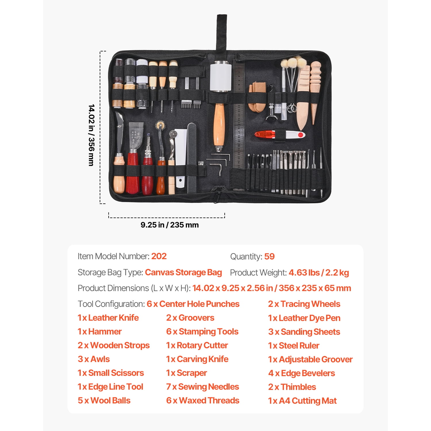 KFFKFF Leather Crafting Tool Set, 58 Piece Leatherwork Tools in Handy Canvas Carry Bag, Embossing Punching Sewing Buffing Instruments, Perfect for Novice DIY Hobbyists and Expert Craftsmen