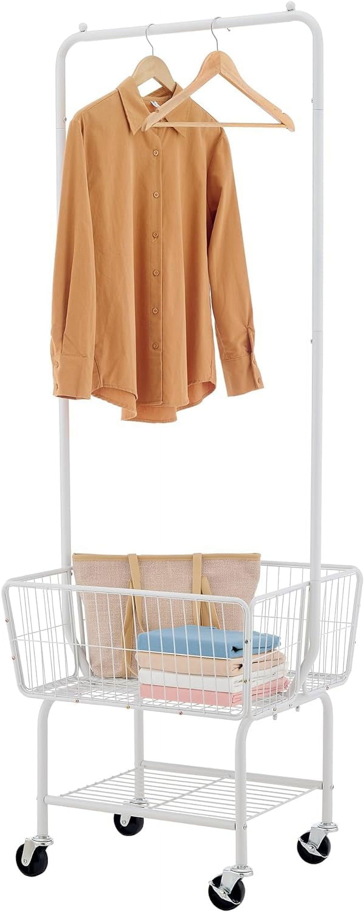 Laundry Cart with Hanging Rack, Metal Rolling Laundry Cart with Wheels and Storage Basket, Silver