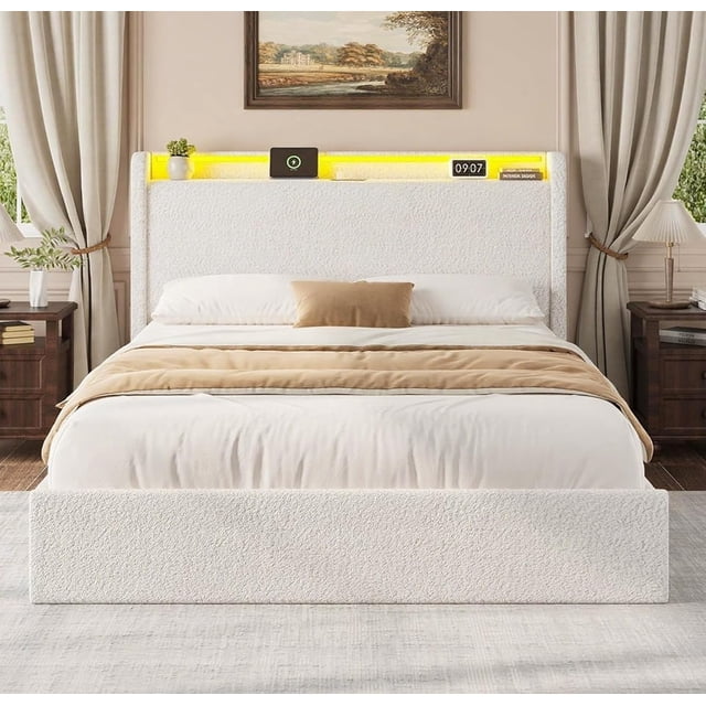 Queen Size Bed Frame with 4 Storage Drawers & Storage Headboard, Platform Bed Frame with Charging Station, USB Ports and LED Light, Noise-Reducing Metal Support, No Box Spring Needed