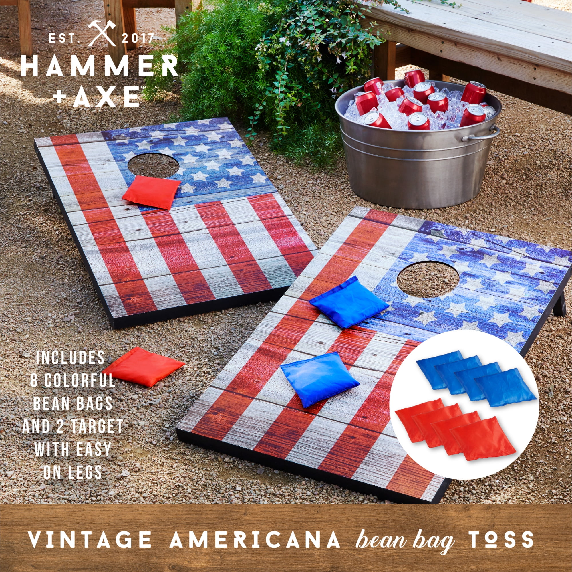 Hammer & Axe Wooden Bean Bag Cornhole Game, USA Edition, Includes 8 Bean Bags, Two 3'x2' Boards