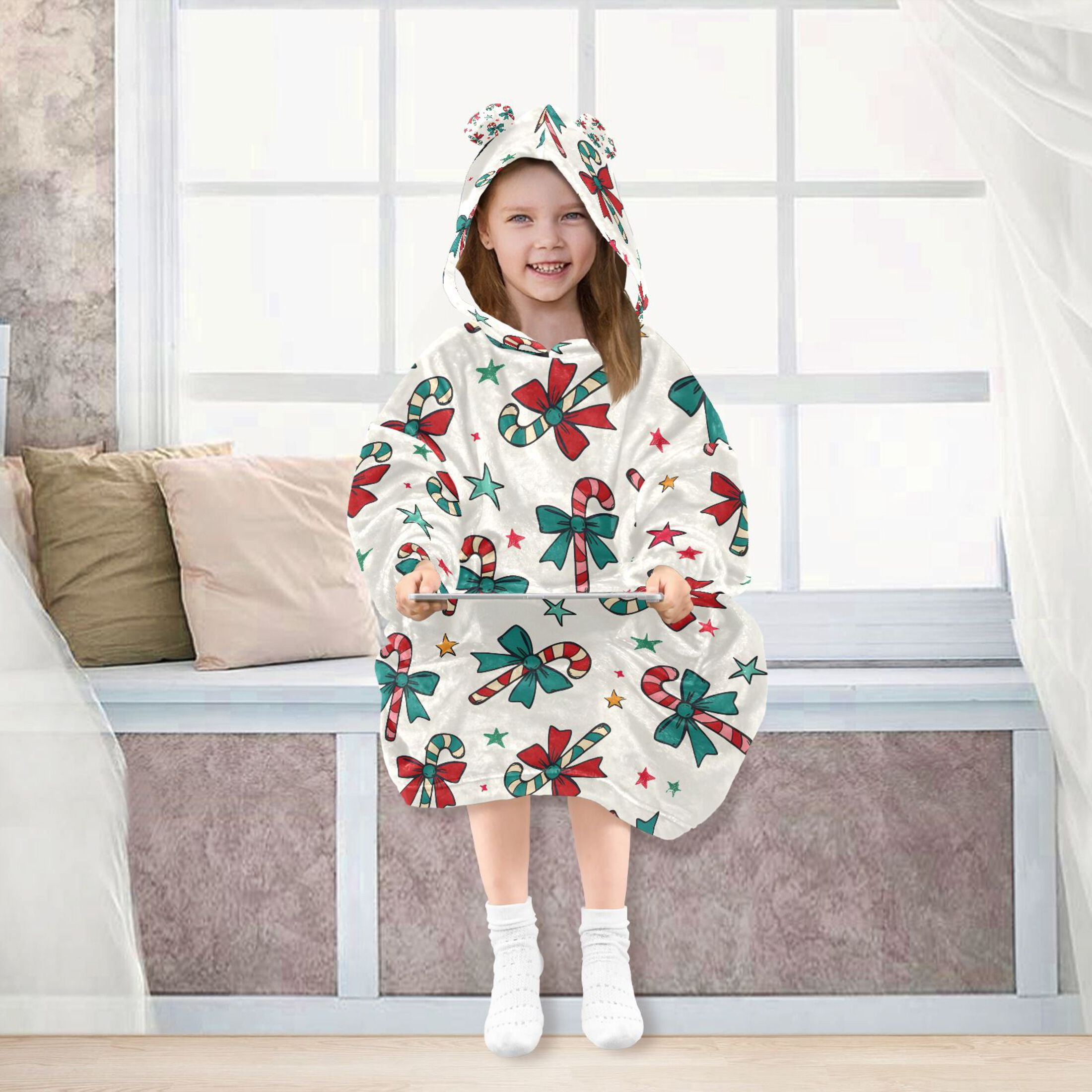 joogoo Blanket Hoodie for Christmas Candy Cane Bows Oversize Sweatshirt 3-14 YR L