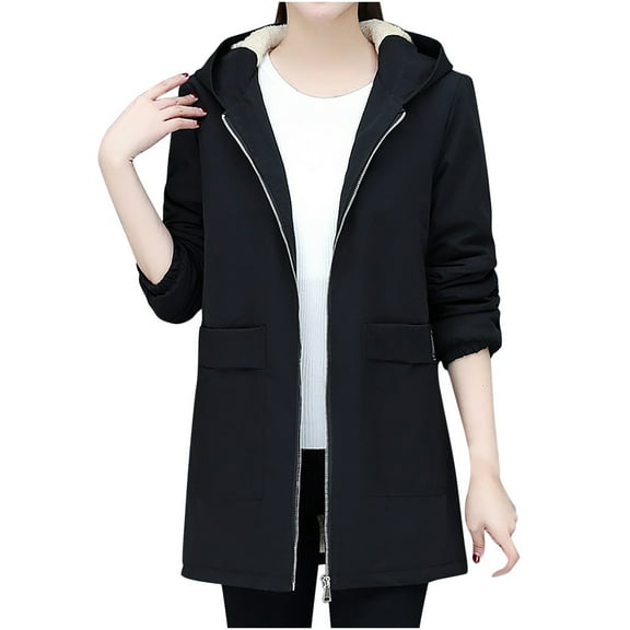 Hueook Fall Winter Womens Warm Coat Womens Tops Plus Size Long Sleeve Hooded Jacket Slim Winter Outwear Plush Cardigans for Women Outwear with Pocket Zipper Coat Tops Blouse