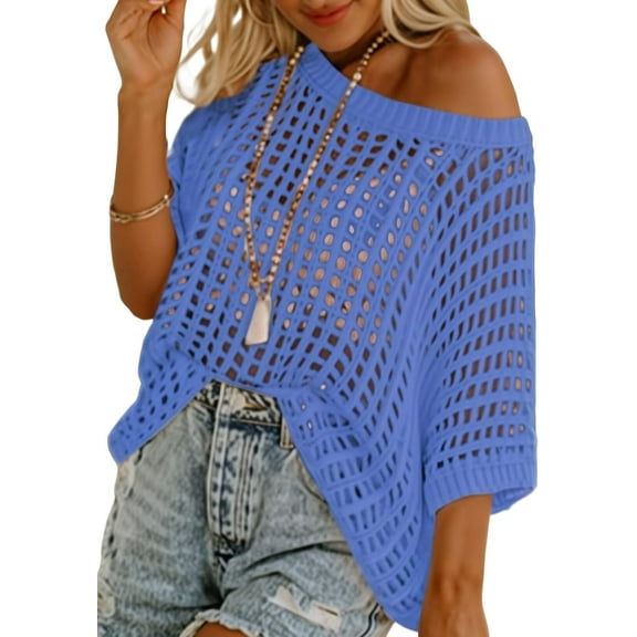 Womens Summer Scoop Neck Short Sleeve Sweater Casual Crochet Hollow Out Knit Tops Pullover Shirts Beach Coverup