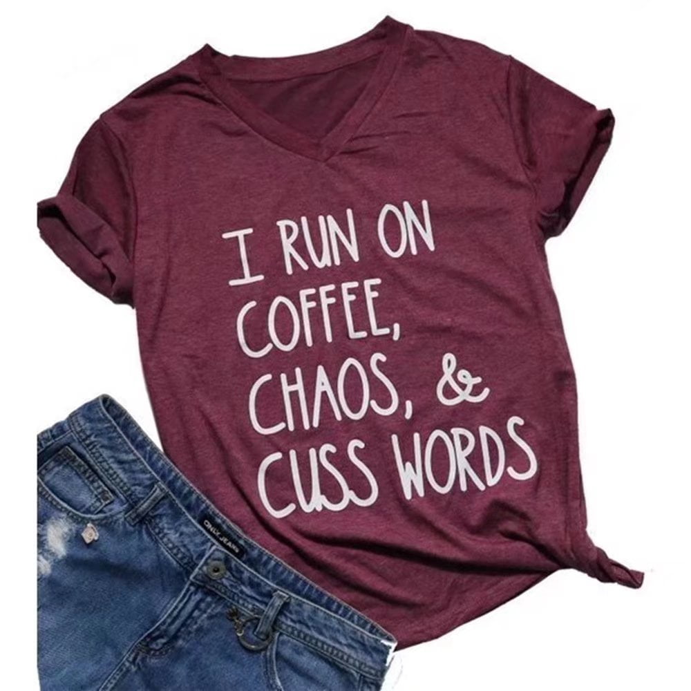 Funny Shirt Espresso Lover Tee Mom Life Shirt I Run On Caffeine Chaos and Cuss Words Tshirt
