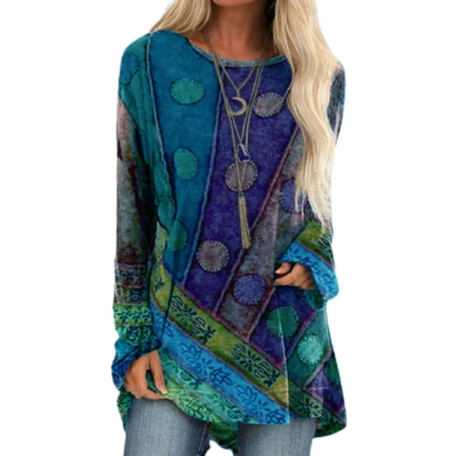 LUXUR Tee-Shirt Femme Imprimé Floral Style Ethnique T-shirt Col Rond Pull Tunique à Manches Longues Blouse Bleu TTTG