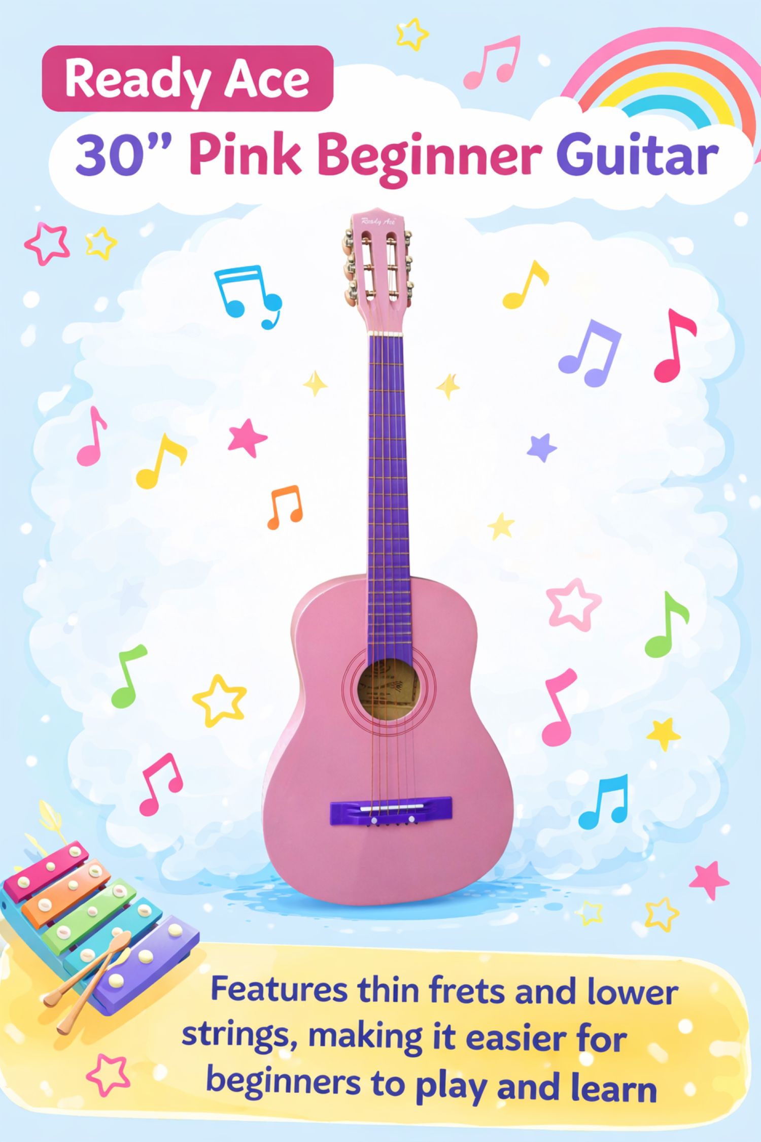 Ready Ace 30in Toy Student Beginner Guitar Pink photo 5
