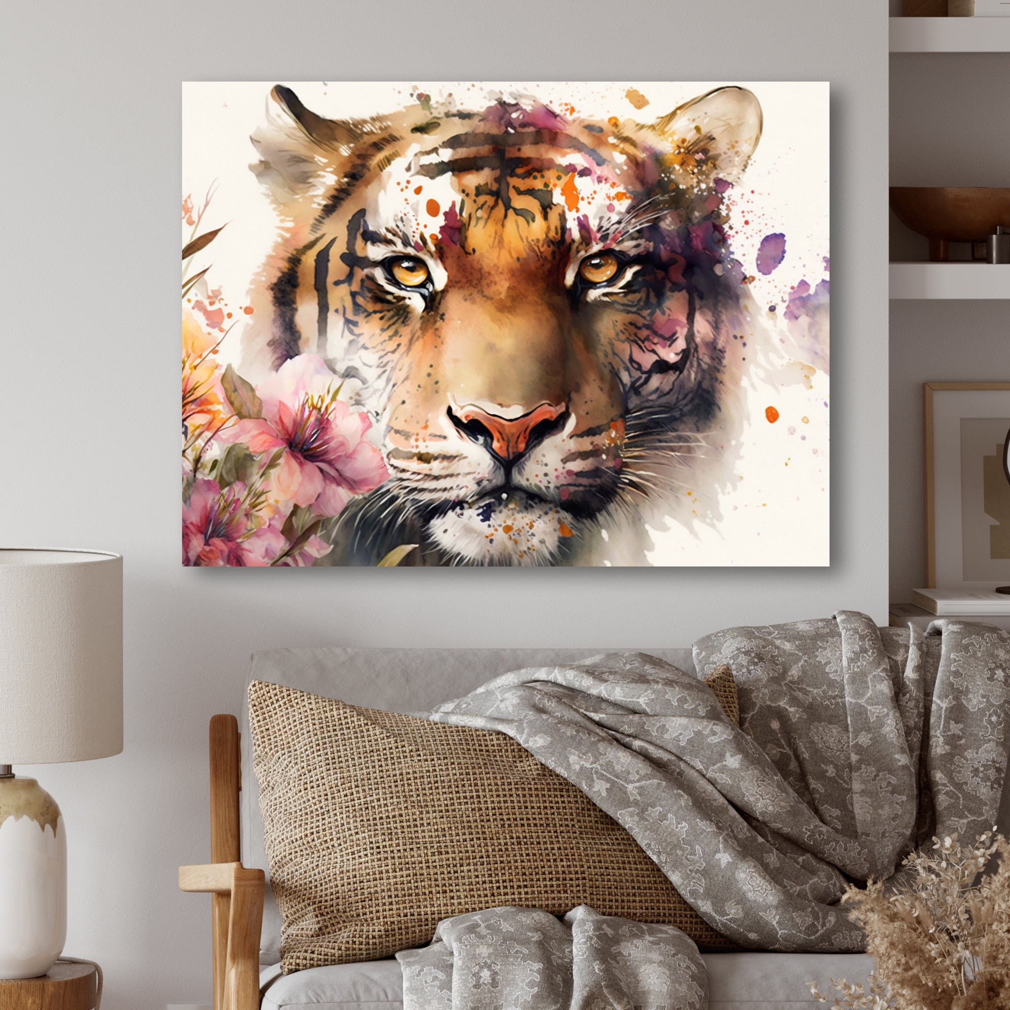 Designart Tiger Portrait With Flowers I Canvas Wall Art