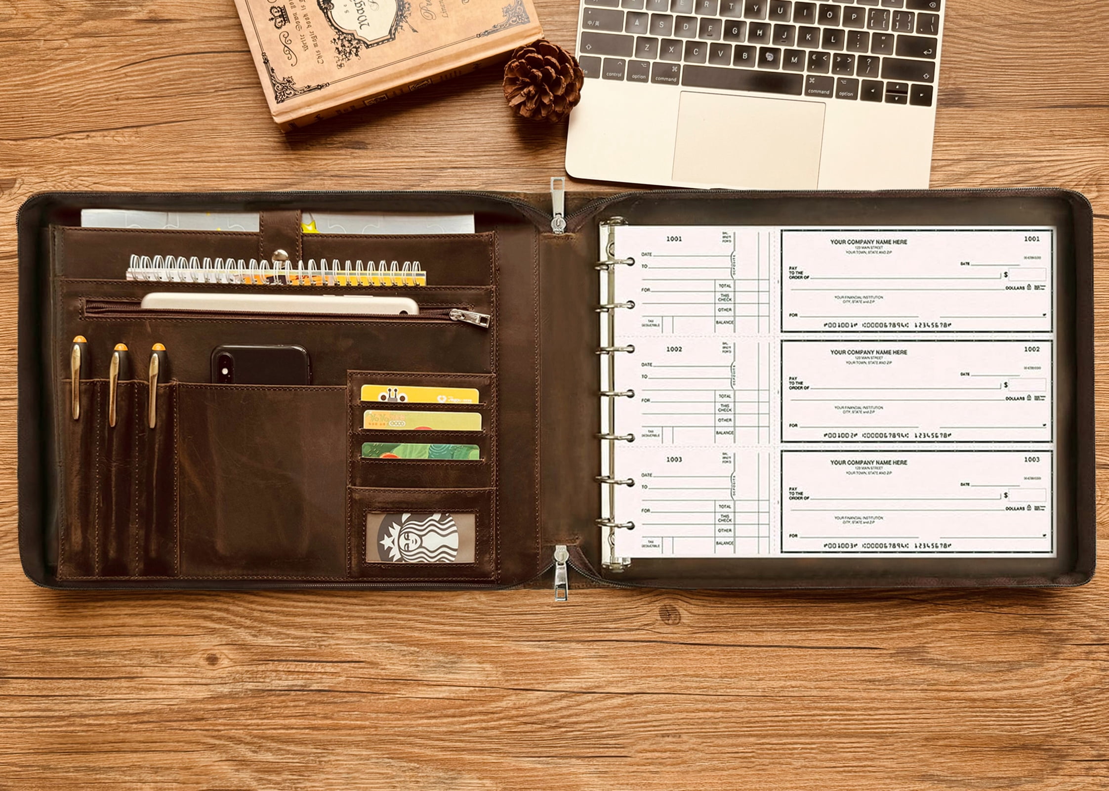 7 Ring Check Binder for Business Checks, Checkbook Binder with Zipper for 3-up Business Checks,Personalized Check Book Portfolio for 9 x 13 inch Sheets 600 Check, Check Holders for Men/Women