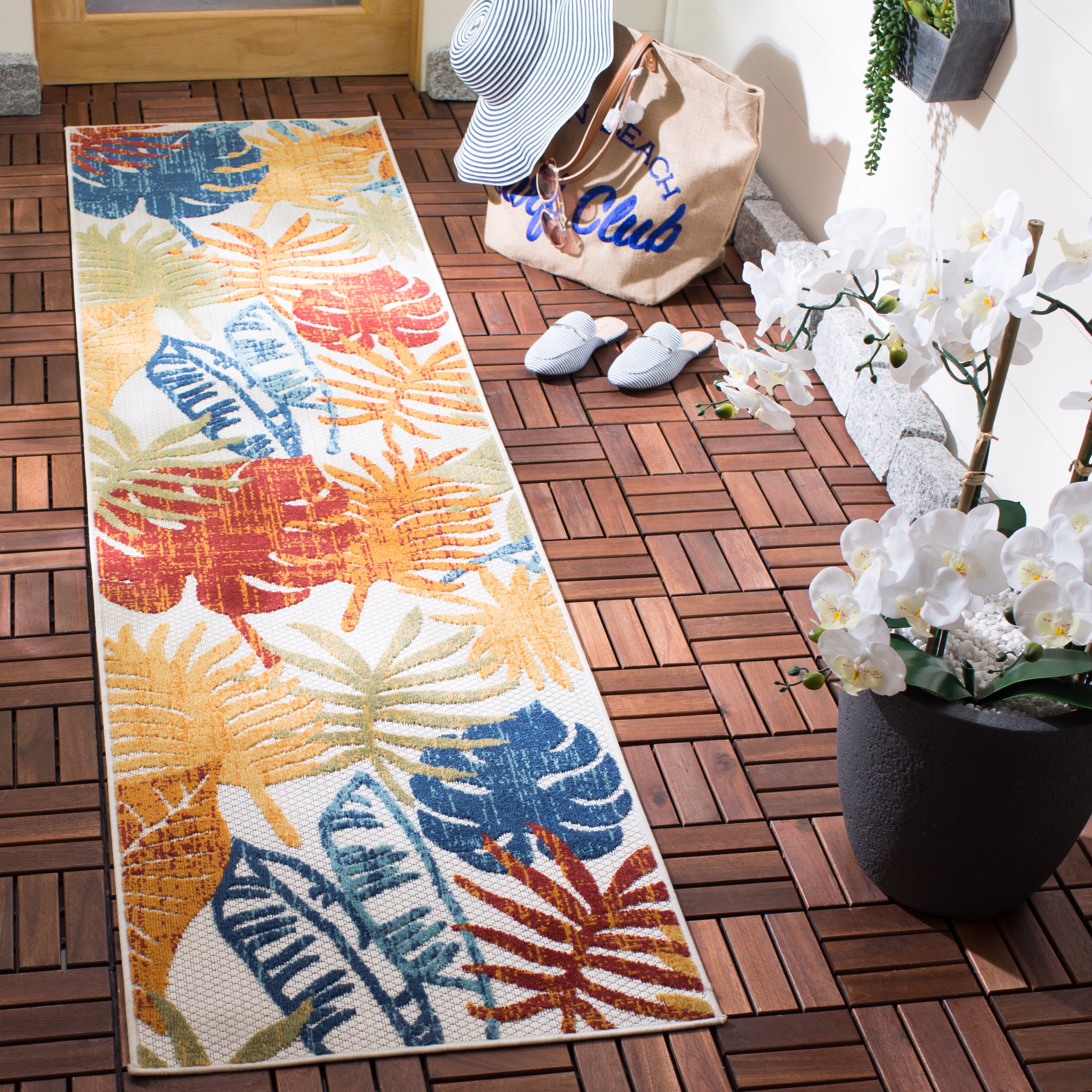 SAFAVIEH Cabana Kuzman Botanical Indoor/Outdoor Runner Rug, Creme/Red, 2' x 12'
