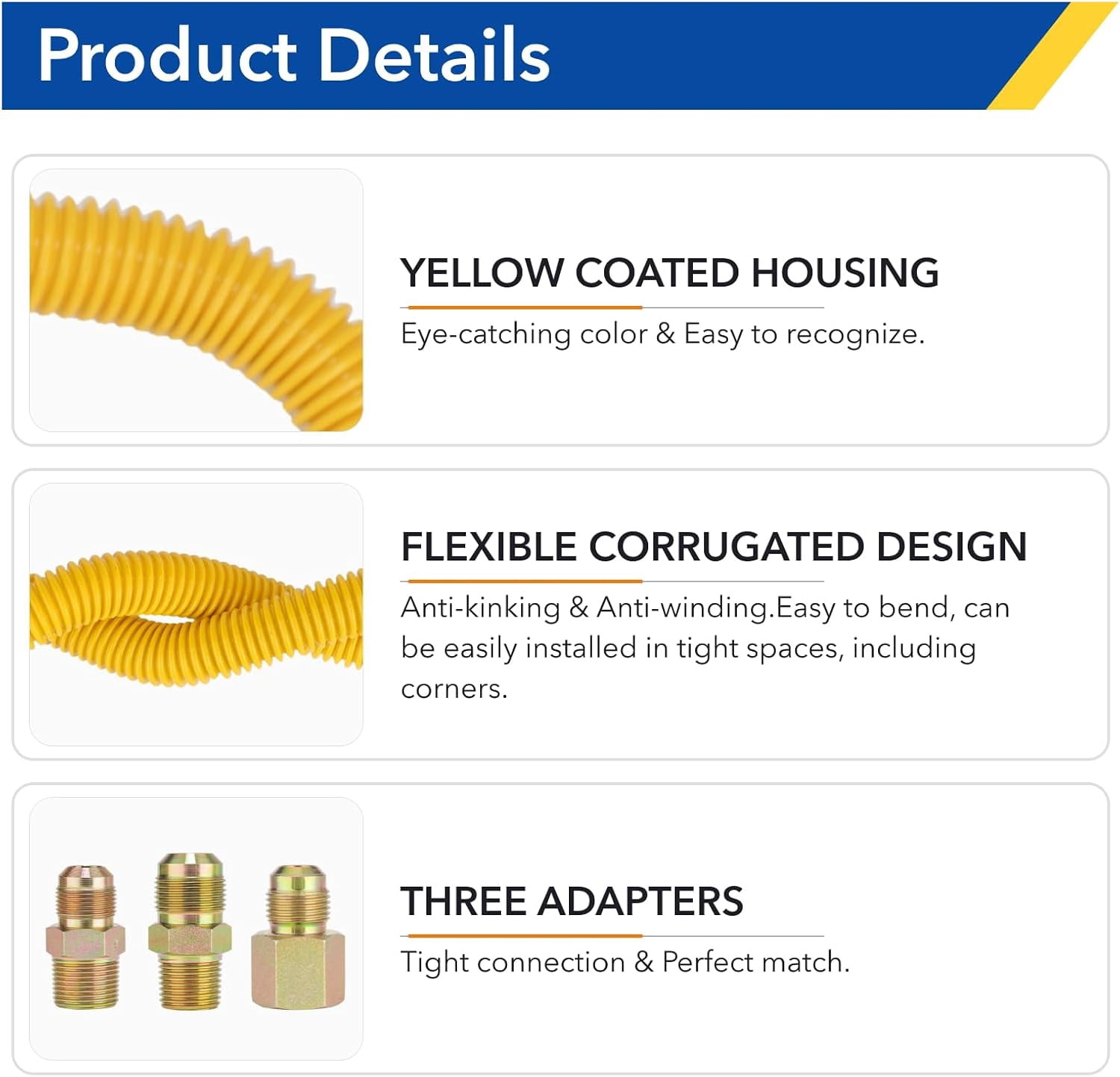 72" Flexible Yellow-Coated Corrugated Stainless Steel Gas Connector Kit for Dryer and Stove Range, 5/8" OD x 1/2" ID, Comes with 6 Pieces Connectors Including 3/4" MIP & 1/2" Fitting