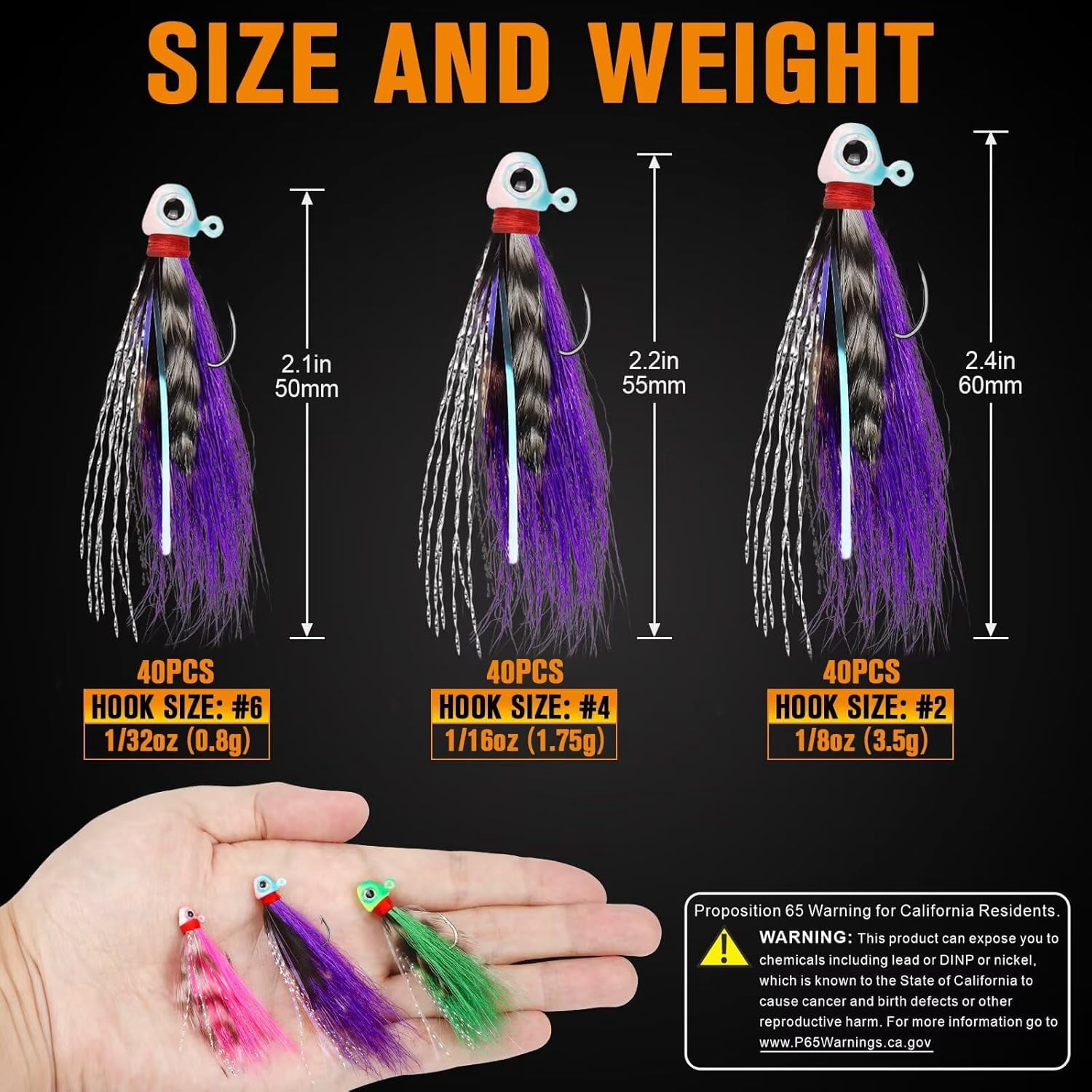 Crappie Fishing Jig Heads 1/8oz Hand-Tied Bucktail Hair Jigs with #2 Fishing Jig Hooks 40PCS